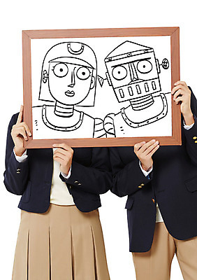 여자 남자 교복 액자 청소년 포토일러 정보기술 스마트라이프 상반신 두명 과학기술 스마트 로봇 이미지편집 AI파일 편집이미지 라이프스타일 옷 컨셉 기술 사람 파일형식 벡터