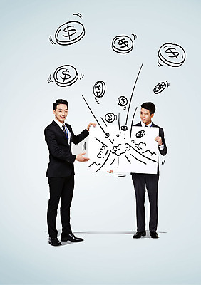 전신 배너 남자 포토일러 서기 20대 성인 두명 금융 달러 동전 한국인 비즈니스맨 화폐기호 폭발 화산 이미지편집 AI파일 편집이미지 기호 돈 비즈니스 모션 산 사람 동양인 청년 경제 직장인 화폐 파일형식 벡터