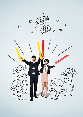 전신 여자 남자 응원 포토일러 사람모양 서기 20대 성인 두명 한국인 비즈니스맨 비즈니스우먼 트로피 막대풍선 월드싸커 이미지편집 AI파일 모양 편집이미지 스포츠 비즈니스 모션 사람 동양인 청년 응원용품 직장인 상_우승 풍선 파일형식 벡터