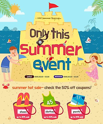 PSD 템플릿 여자 남자 어린이 바다 웹템플릿 이벤트페이지 이벤트 두명 여름 쇼핑 태양 세일 카메라 깃발 쪼리 모래성 이미지템플릿 자연요소 계절 모래 사람 전자제품 샌들 페이지 파일형식
