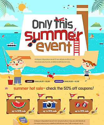 PSD 템플릿 여자 남자 어린이 웹템플릿 사다리 여름음식 수박 이벤트페이지 이벤트 해변 두명 여름 쇼핑 선글라스 태양 카메라 여행가방 배 낚싯대 제철음식 제철과일 이미지템플릿 자연요소 계절 안경 음식 바다 가방 과일 사람 전자제품 도구 낚시용품 페이지 제철 파일형식 여름_계절