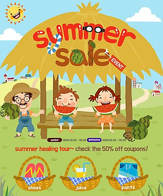 PSD 템플릿 여자 남자 어린이 웹템플릿 바지 여름음식 수박 이벤트페이지 이벤트 성인 세명 여름 쇼핑 태양 세일 바구니 주스 오두막 제철음식 제철과일 이미지템플릿 자연요소 계절 음료 음식 과일 하의 사람 페이지 제철 파일형식 여름_계절