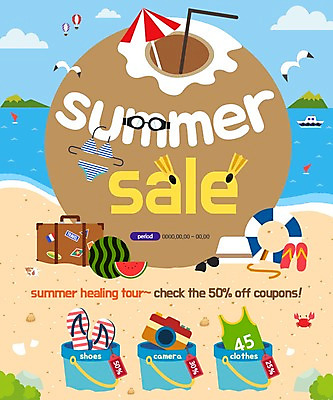 PSD 템플릿 웹템플릿 여름음식 수박 이벤트페이지 이벤트 해변 사람없음 여름 쇼핑 비키니 세일 카메라 여행가방 쪼리 코코넛 튜브 코코넛주스 제철음식 제철과일 이미지템플릿 계절 수영복 음식 바다 가방 과일 전자제품 주스 샌들 페이지 제철 파일형식 여름_계절