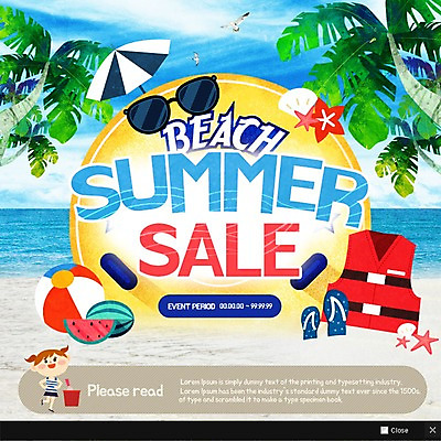 PSD 템플릿 여자 어린이 웹템플릿 팝업 이벤트팝업 웹팝업 한명 해변 여름 쇼핑 선글라스 야자수 세일 파라솔 쪼리 비치볼 구명조끼 이미지템플릿 나무 1 계절 안경 바다 공 바캉스용품 사람 샌들 구조용품 파일형식