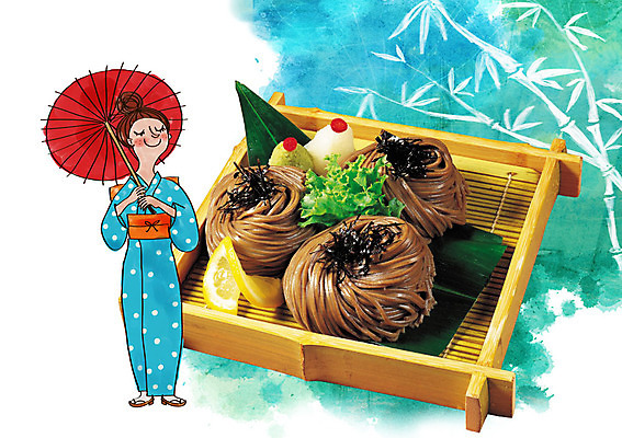 PSD 편집이미지 여자 여름음식 한명 성인 기모노 메밀국수 메밀 대나무 양산 판모밀 이미지편집 나무 1 음식 식재료 사람 면류 일본전통의상 파일형식 여름_계절