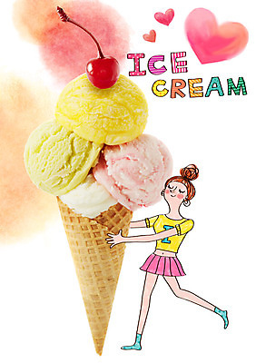 PSD 편집이미지 여자 아이스크림 디저트 한명 성인 하트 체리 아이스크림콘 이미지편집 모양 1 음식 과일 사람 콘 파일형식