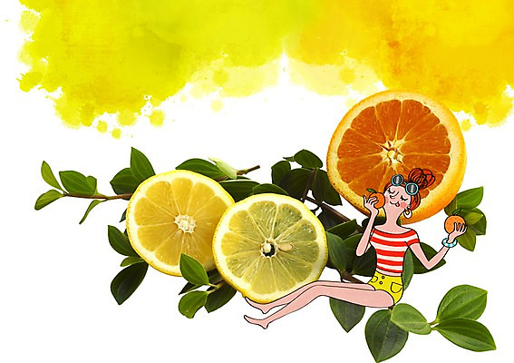 PSD 편집이미지 여자 오렌지 한명 성인 풀잎 이미지편집 1 잎 과일 사람 풀_식물 파일형식