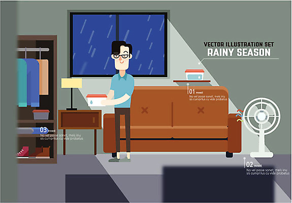 남자 일러스트 창문 탁자 날씨 한명 성인 소파 스탠드 장롱 비 선풍기 장마 제습기 국내일러스트 AI파일 자연요소 1 가구 의자 조명 사람 가전제품 비_날씨 파일형식 벡터