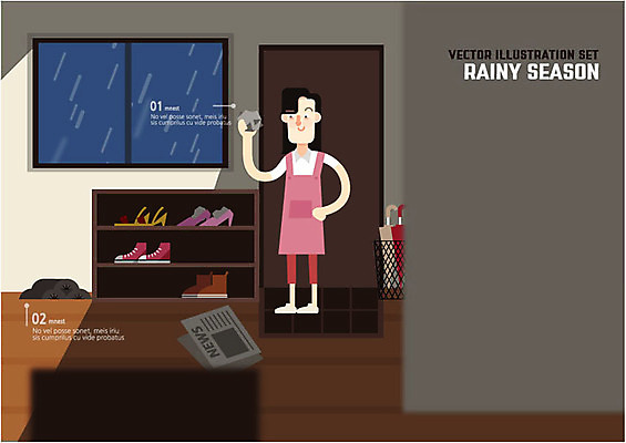 여자 구두 운동화 일러스트 우산 창문 날씨 한명 성인 문 비 신문 장마 숯 신발장 우산꽂이 국내일러스트 AI파일 자연요소 1 신발 사람 간행물 비_날씨 뉴스 꽂이 파일형식 벡터