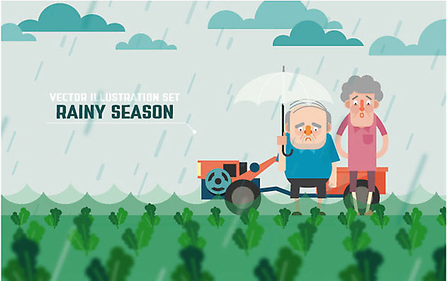 구름 여자 노년 남자 밭 일러스트 우산 날씨 성인 두명 농작물 비 농부 농기구 장마 국내일러스트 AI파일 자연요소 직업 농업 사람 비_날씨 파일형식 벡터