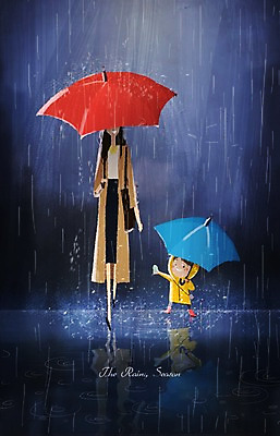 PSD 여자 남자 어린이 일러스트 우산 날씨 성인 두명 비 우비 장마 국내일러스트 모자관계 자연요소 옷 아들 가족 엄마 사람 비_날씨 파일형식