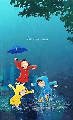 PSD 여자 남자 어린이 일러스트 우산 장난 날씨 나뭇잎 장화 세명 비 우비 장마 국내일러스트 자연요소 옷 신발 잎 사람 비_날씨 파일형식