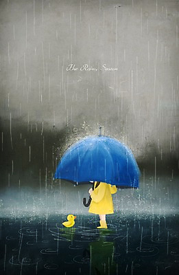 PSD 여자 어린이 일러스트 우산 날씨 오리 한명 비 우비 장마 국내일러스트 자연요소 1 옷 조류 사람 비_날씨 파일형식