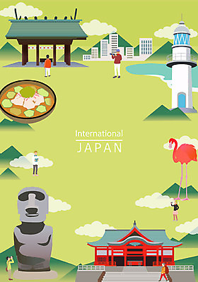여자 남자 포스터 백그라운드 일러스트 등대 빌딩 여러명 성인 관광지 일본 일본여행 랜드마크 모아이 프레임일러스트 신사_일본건축 국내일러스트 AI파일 아시아 해외여행 여행 다수 프레임 사람 건물 석상 일본건축 이스터섬 파일형식 벡터