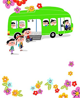 PSD 여자 남자 꽃잎 어린이 일러스트 버스 여러명 성인 장애인 휠체어 버스기사 프레임일러스트 저상버스 국내일러스트 꽃 육상교통 다수 대중교통 프레임 사람 운전사 장애 파일형식