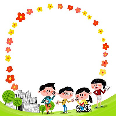 PSD 나무 여자 남자 꽃잎 대학생 일러스트 여러명 성인 책 장애인 휠체어 대학교 프레임일러스트 국내일러스트 식물 학생 꽃 다수 학교 프레임 사람 장애 파일형식