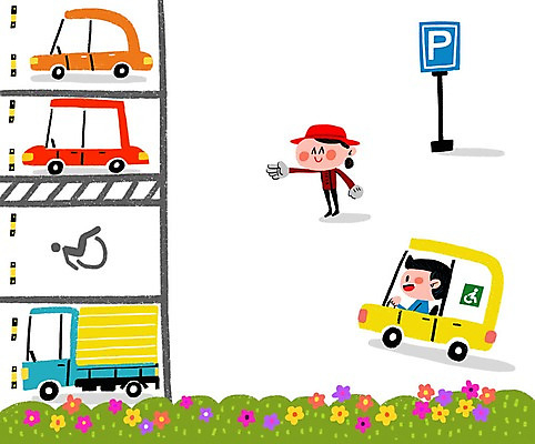 PSD 여자 남자 꽃잎 일러스트 자동차 성인 두명 트럭 장애인 안내원 주차장 장애인전용 주차장표시 프레임일러스트 국내일러스트 직업 꽃 육상교통 표시 프레임 사람 장애 파일형식