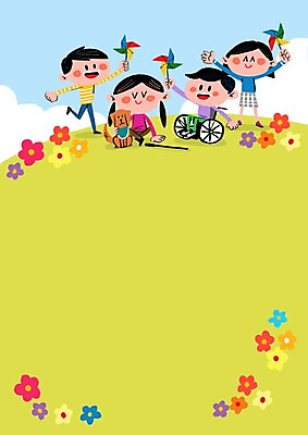 PSD 여자 남자 꽃잎 어린이 일러스트 여러명 강아지 장애인 바람개비 휠체어 시각장애인 프레임일러스트 국내일러스트 꽃 다수 프레임 사람 반려동물 개 장애 파일형식