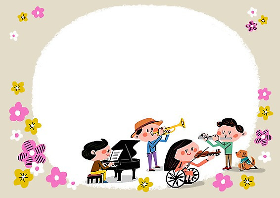 PSD 여자 남자 꽃잎 악기 일러스트 여러명 성인 건반 피아노 장애인 바이올린 휠체어 트럼펫 합주 시각장애인 안내견 프레임일러스트 국내일러스트 꽃 음악 다수 연주 현악기 프레임 사람 건반악기 개 금관악기 장애 파일형식