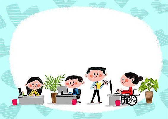 PSD 여자 남자 화분 일러스트 여러명 성인 사무실 쓰레기통 장애인 책상 휠체어 프레임일러스트 국내일러스트 가구 다수 비즈니스 프레임 사람 장애 파일형식