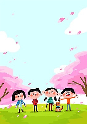 PSD 나무 여자 남자 일러스트 여러명 성인 벚꽃 벚나무 장애인 휠체어 시각장애인 안내견 프레임일러스트 국내일러스트 식물 꽃 다수 프레임 사람 개 장애 파일형식