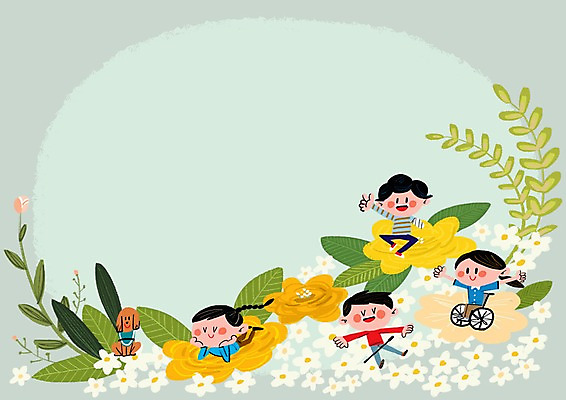 PSD 여자 남자 꽃잎 어린이 일러스트 나뭇잎 여러명 장애인 휠체어 시각장애인 안내견 프레임일러스트 국내일러스트 꽃 다수 잎 프레임 사람 개 장애 파일형식