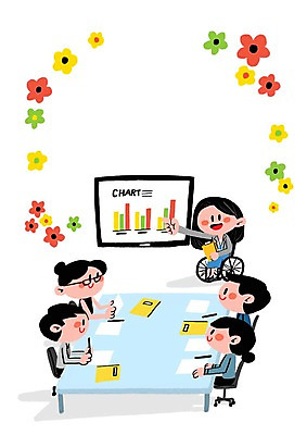 PSD 여자 남자 꽃잎 의자 일러스트 회의 여러명 성인 장애인 프레젠테이션 책상 회의실 휠체어 프레임일러스트 국내일러스트 꽃 가구 다수 비즈니스 프레임 사람 장애 파일형식