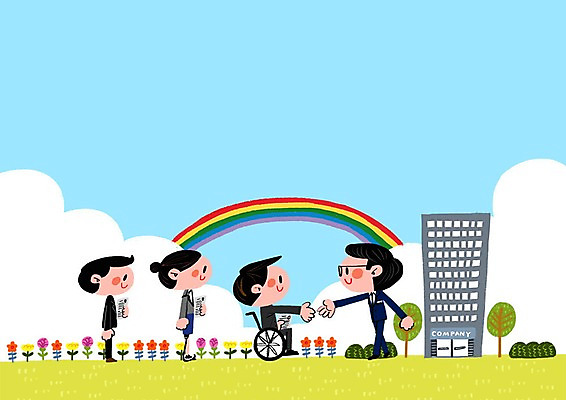 PSD 나무 여자 남자 꽃 무지개 일러스트 악수 빌딩 여러명 성인 장애인 휠체어 채용 프레임일러스트 장애인취업 국내일러스트 자연요소 식물 다수 비즈니스 프레임 사람 손짓 건물 장애 파일형식