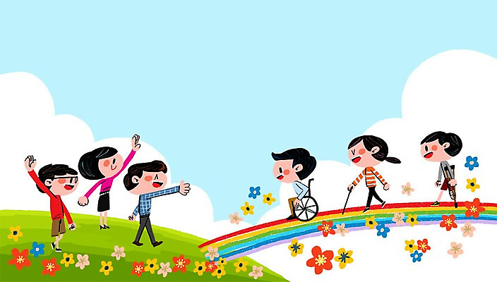 PSD 구름 여자 남자 꽃잎 무지개 일러스트 여러명 성인 장애인 휠체어 목발 시각장애인 프레임일러스트 국내일러스트 자연요소 꽃 다수 의료기기 프레임 사람 장애 파일형식