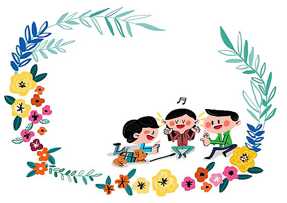 PSD 여자 남자 꽃잎 일러스트 나뭇잎 성인 세명 장애인 시각장애인 안내견 프레임일러스트 국내일러스트 꽃 잎 프레임 사람 개 장애 파일형식