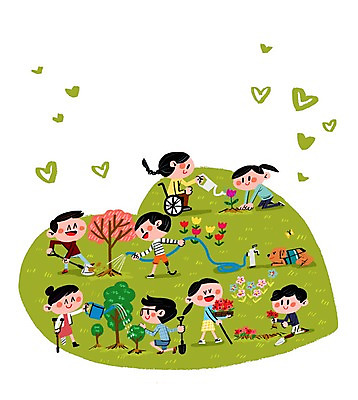 PSD 나무 여자 남자 꽃 일러스트 프레임 여러명 성인 물뿌리개 하트 장애인 삽 휠체어 물주기 호스 나무심기 목발 시각장애인 안내견 프레임일러스트 하트프레임 국내일러스트 모양 식물 다수 의료기기 모션 사람 개 장애 심기 파일형식