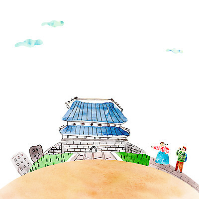 PSD 여자 남자 일러스트 성인 두명 관광지 한복 숭례문 국보 국내여행 국내일러스트 한국전통 여행 한국 사람 문화재 전통의상 랜드마크 파일형식