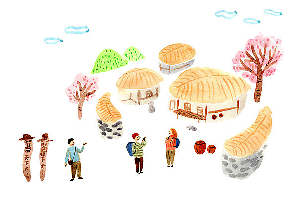 PSD 나무 여자 남자 일러스트 산 초가집 성인 세명 관광지 항아리 민속촌 국내여행 정승 국내일러스트 식물 여행 한옥 사람 도자기 파일형식