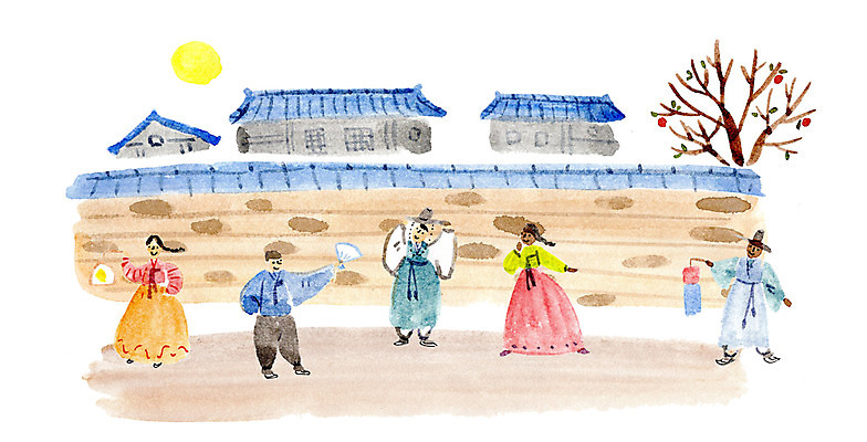 PSD 여자 남자 일러스트 돌담 기와집 여러명 성인 관광지 보름달 한복 감나무 청사초롱 국내여행 국내일러스트 나무 한국전통 여행 다수 한옥 감 사람 담장 달 돌_바위 전통의상 초롱 파일형식