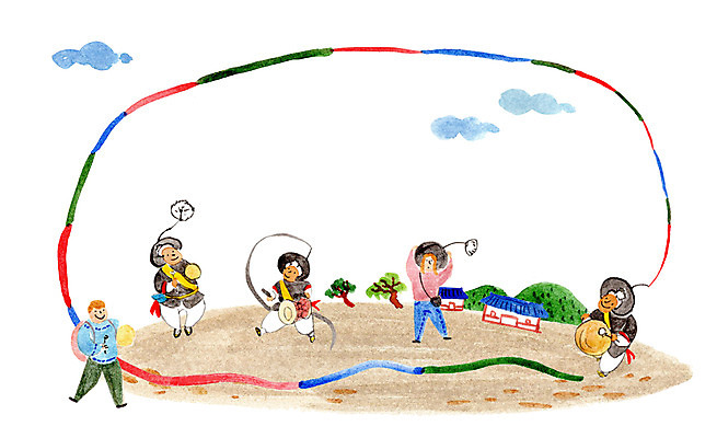 PSD 구름 여자 남자 일러스트 기와집 여러명 성인 관광지 사물놀이 국내여행 사물놀이패 국내일러스트 자연요소 여행 다수 한옥 사람 전통놀이 전통공연 파일형식