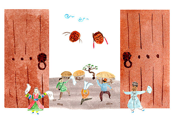 PSD 여자 남자 일러스트 초가집 여러명 성인 관광지 소나무 한복 국내여행 안동하회탈 하회마을 국내일러스트 나무 한국전통 여행 다수 한옥 사람 전통의상 탈 안동 파일형식