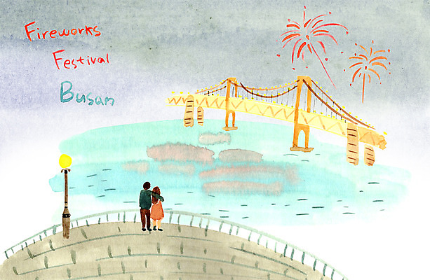PSD 커플 여자 남자 바다 가로등 일러스트 불꽃놀이 성인 야외 관광지 다리 야간 부산 국내여행 국내일러스트 자연요소 공공시설 여행 관계 놀이 한국 사람 신체부위 파일형식