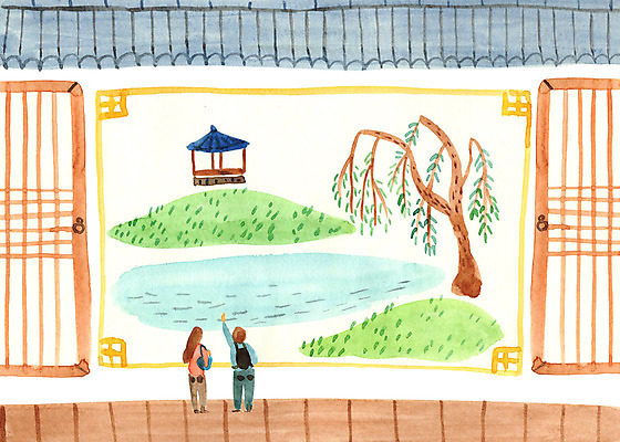 PSD 나무 여자 남자 호수 일러스트 성인 두명 관광지 기와지붕 창호문 국내여행 국내일러스트 식물 여행 지붕 기와 사람 문 파일형식