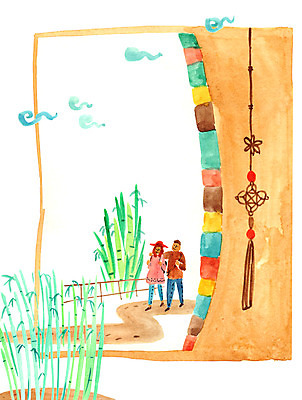 PSD 구름 여자 남자 일러스트 성인 두명 관광지 대나무 노리개 대나무숲 국내여행 국내일러스트 자연요소 나무 여행 전통소품 사람 숲 파일형식