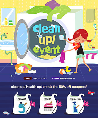 PSD 템플릿 여자 어린이 웹템플릿 이벤트페이지 욕조 한명 이벤트 청결 위생 세제 세면대 화장실 샤워기 드럼세탁기 빨랫감 보건 이미지템플릿 1 의학 사람 빨래 페이지 세탁기 파일형식