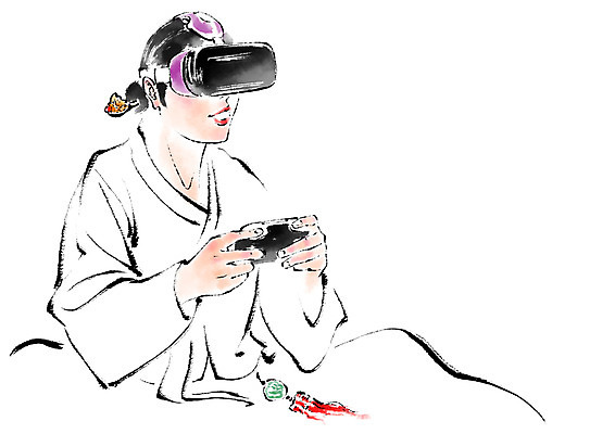 PSD 한국문화 한국전통 여자 일러스트 캘리그라피 정보기술 스마트라이프 한명 앉기 상반신 성인 한복 게임기 노리개 가상현실 오큘러스 VR기기 국내일러스트 1 동양문화 전통 라이프스타일 모션 전통소품 한국 기술 사람 기계 전통의상 파일형식