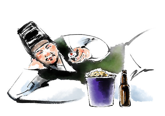 PSD 한국문화 한국전통 남자 일러스트 캘리그라피 맥주 한명 상반신 성인 눕기 리모컨 한복 팝콘 양반 티비시청 양반갓 혼족 국내일러스트 1 동양문화 전통 모션 주류 한국 사람 전통의상 신분 싱글라이프 시청_보고들음 파일형식