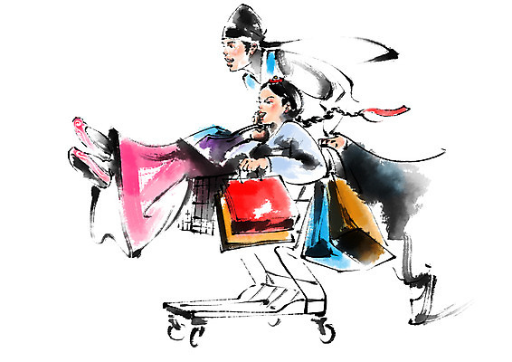 전신 PSD 한국문화 한국전통 여자 남자 일러스트 캘리그라피 서기 앉기 성인 두명 쇼핑 쇼핑백 쇼핑카 한복 도령 국내일러스트 동양문화 전통 가방 모션 한국 사람 카트 전통의상 신분 파일형식