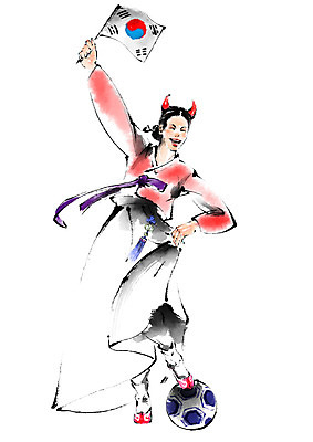 전신 PSD 한국문화 한국전통 여자 일러스트 캘리그라피 축구공 응원 한명 서기 성인 축구 깃발 태극기 한복 붉은악마 월드싸커 국내일러스트 1 동양문화 전통 스포츠 공 축구용품 모션 한국 사람 구기 국기 전통의상 파일형식