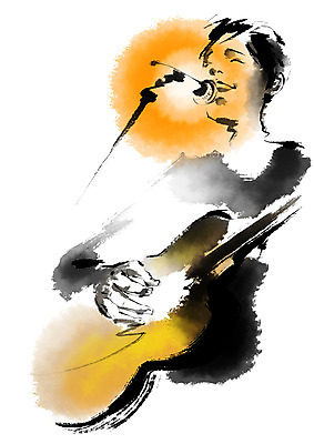 PSD 여자 음악 연주 일러스트 캘리그라피 노래 문화예술 한명 상반신 성인 가수 기타 통기타 마이크 국내일러스트 1 음향기기 현악기 사람 음악가 파일형식