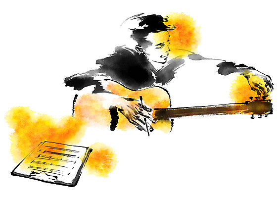 PSD 남자 음악 연주 일러스트 캘리그라피 문화예술 한명 상반신 성인 기타 악보 작곡 작곡가 국내일러스트 1 현악기 사람 음악가 파일형식