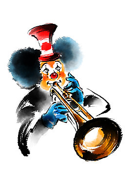 PSD 연주 일러스트 캘리그라피 문화예술 한명 상반신 성인 피에로 나팔 트럼펫 삐에로복장 국내일러스트 1 악기 음악 사람 금관악기 파일형식