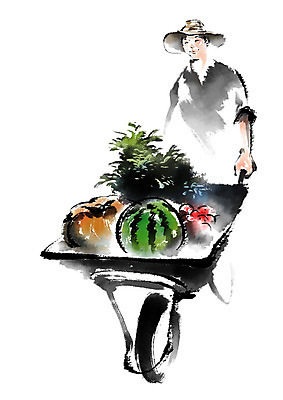 PSD 남자 일러스트 캘리그라피 호박 수박 한명 상반신 성인 농작물 농사 수레 수확 운반 농부 밀짚모자 국내일러스트 직업 모자_잡화 1 농업 채소 과일 사람 카트 파일형식