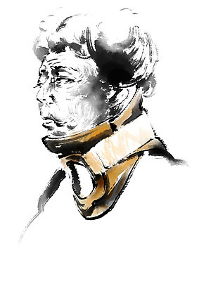 PSD 여자 노년 일러스트 캘리그라피 의학 건강 한명 상반신 질병 목디스크 깁스 국내일러스트 1 사람 성인 의료용품 파일형식