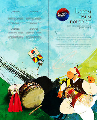 PSD 템플릿 한국전통 표지디자인 북디자인 출판디자인 여자 남자 내지 리플렛 2단접지 북커버 팜플렛 20대 성인 두명 한국인 한복 사물놀이 북 연 태극 장구 실타래 북채 국내여행 이미지템플릿 전통 문양 여행 타악기 한국 국악기 사람 동양인 청년 놀이용품 전통놀이 전통의상 전통공연 파일형식